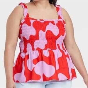 Ava & Viv Womens Smocked Peplum Ruffle Strap Red Pink Top Size 2X NWT